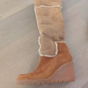Arche Womens Over The Knee Shearling Wedge Boots Beige Suede Size 8 Y2K